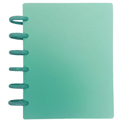 A mint green spiral-bound notebook with a textured cover and five matching plastic wire rings on the left side, shown against a plain white background.
