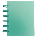 A mint green spiral-bound notebook with a textured cover and five matching plastic wire rings on the left side, shown against a plain white background.