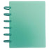 A mint green spiral-bound notebook with a textured cover and five matching plastic wire rings on the left side, shown against a plain white background.