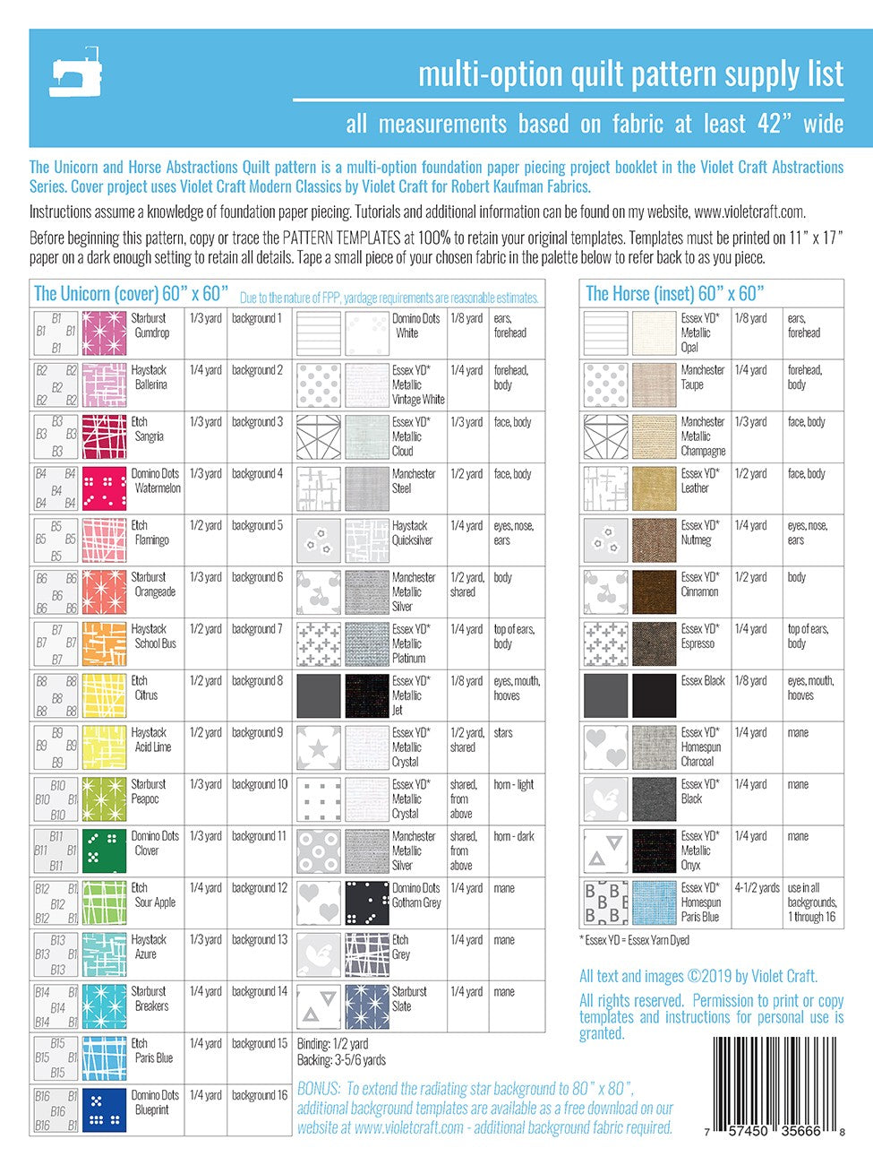 Violet Craft The Unicorn & Horse Abstractions Quilt Pattern VC035