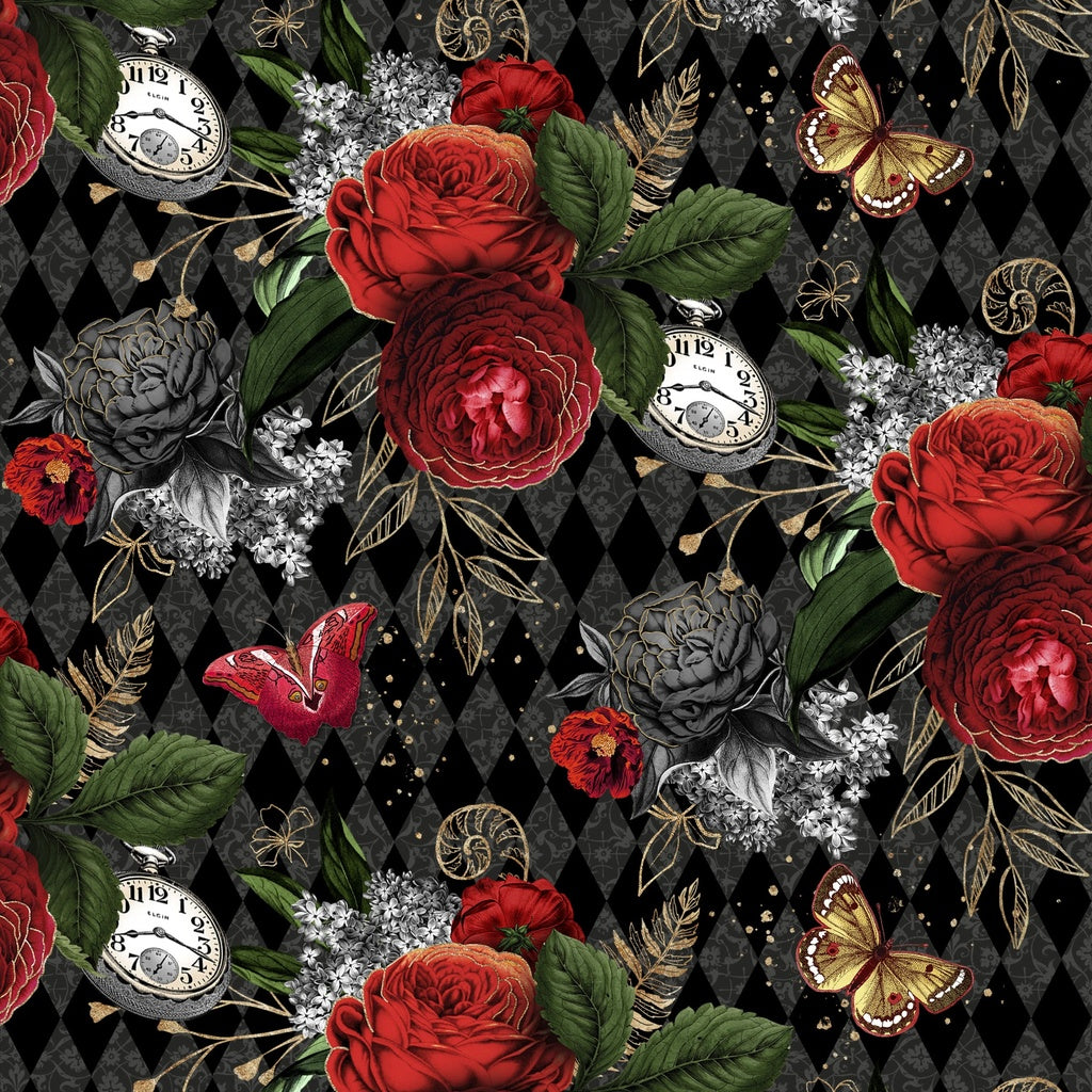 Fabric Lumin White Owl Textiles Black Happy Hours Curiouser & Curiouser by the Quarter Yard W130-040-959
