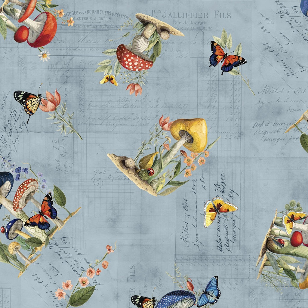Fabric Lumin White Owl Textiles Denim Large Mushroom Toss Beneath the Canopy by the Quarter Yard W150-014-757