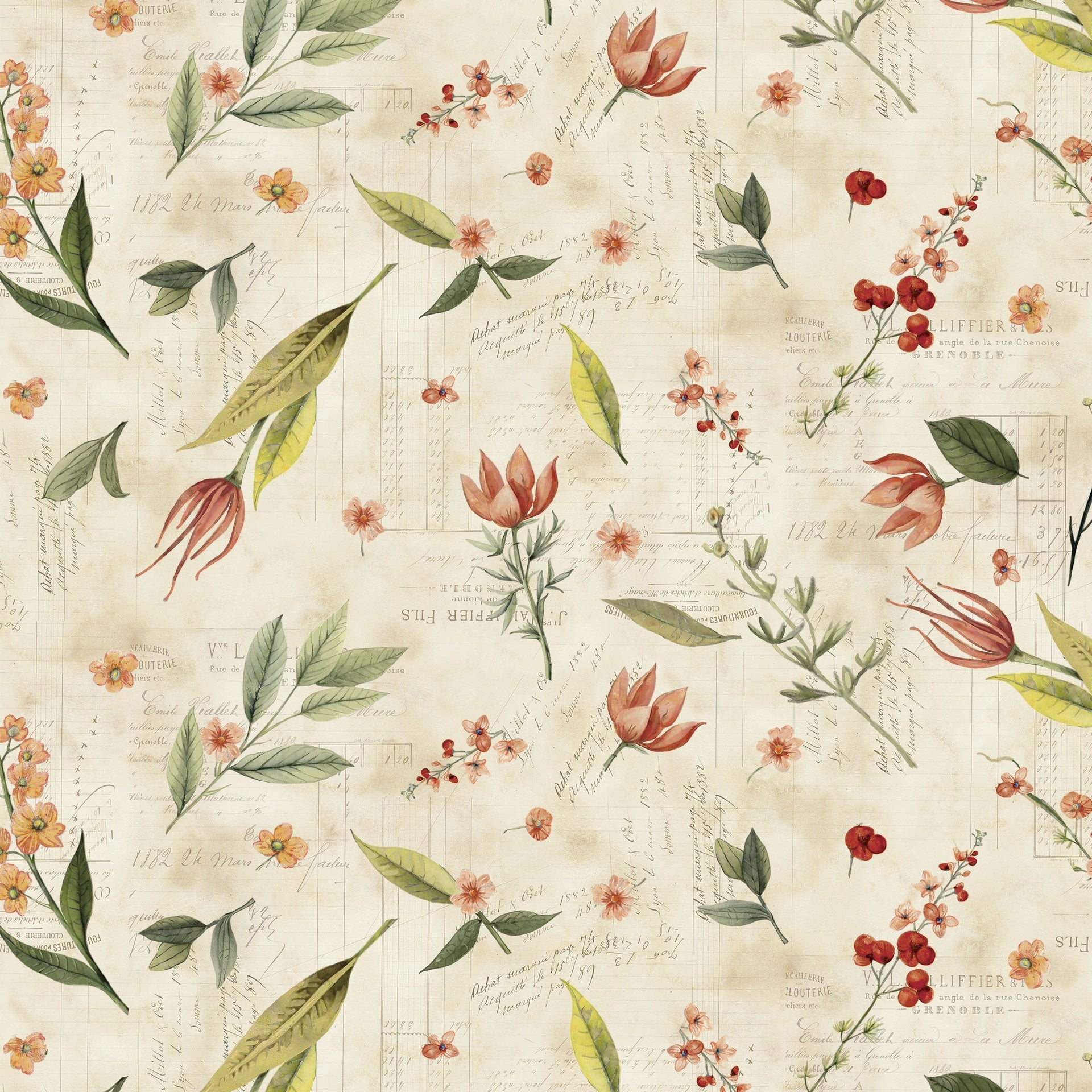 Fabric Lumin White Owl Textiles Parchment Floral Toss Beneath the Canopy by the Quarter Yard W150-018-158