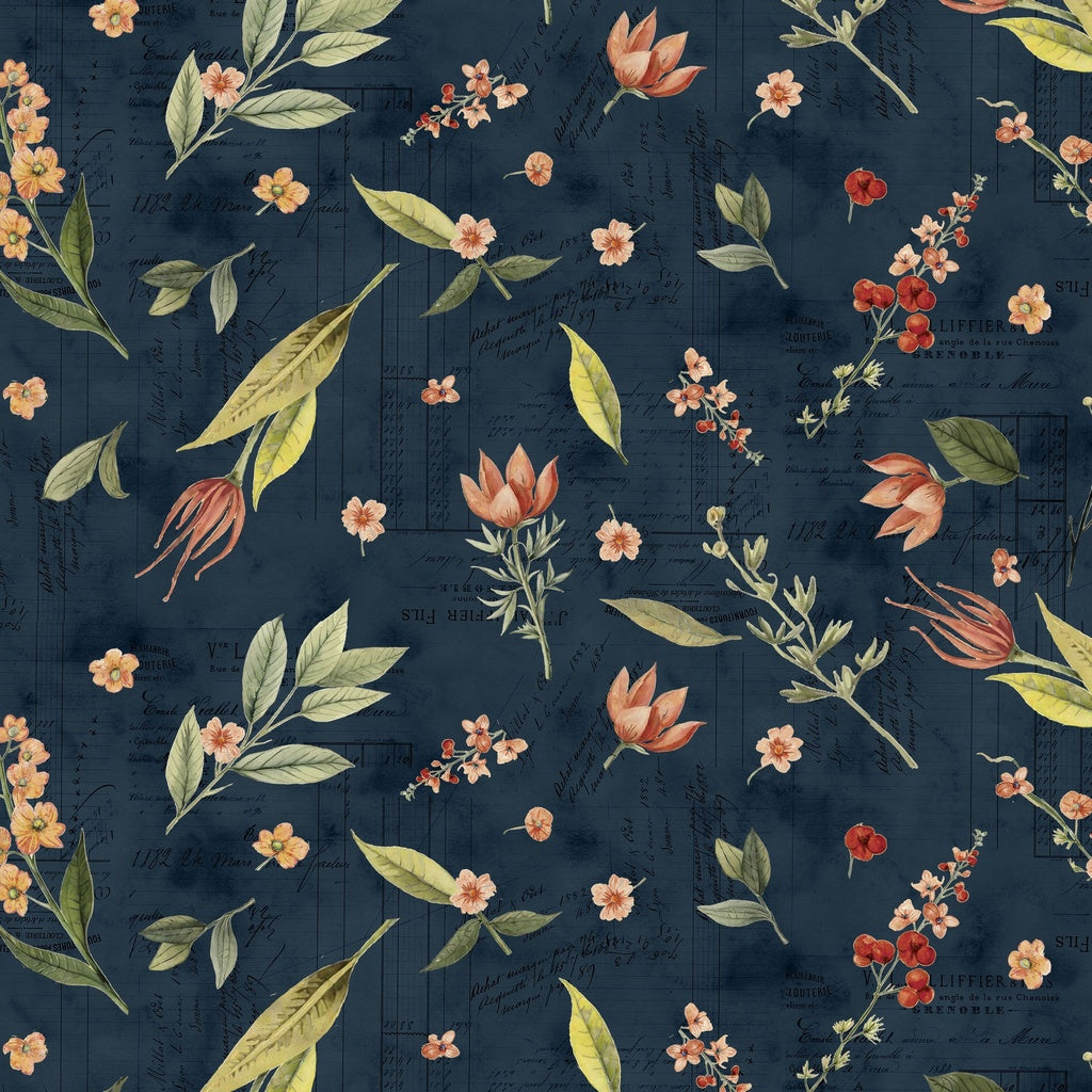 Fabric Lumin White Owl Textiles Navy Floral Toss Beneath the Canopy by the Quarter Yard W150-018-758