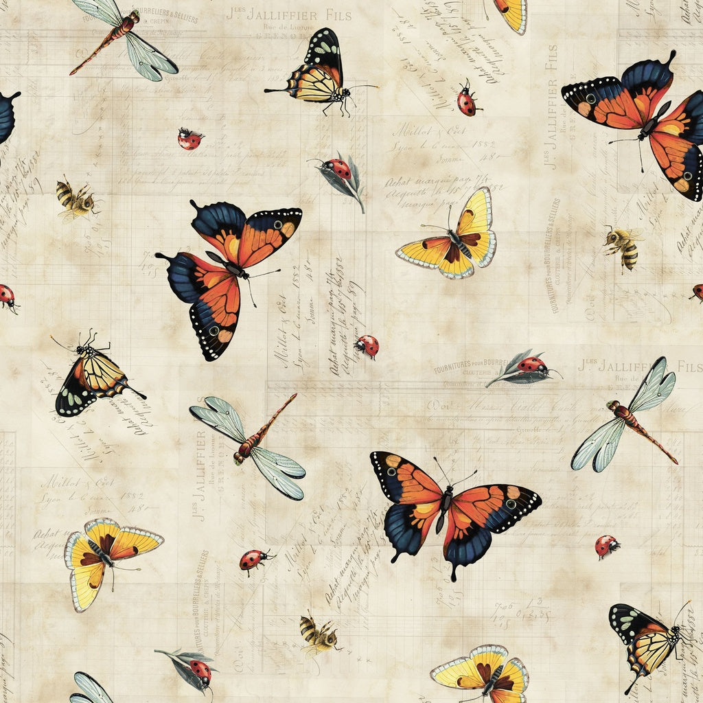 Fabric Lumin White Owl Textiles Parchment Butterflies Beneath the Canopy by the Quarter Yard W150-019-143