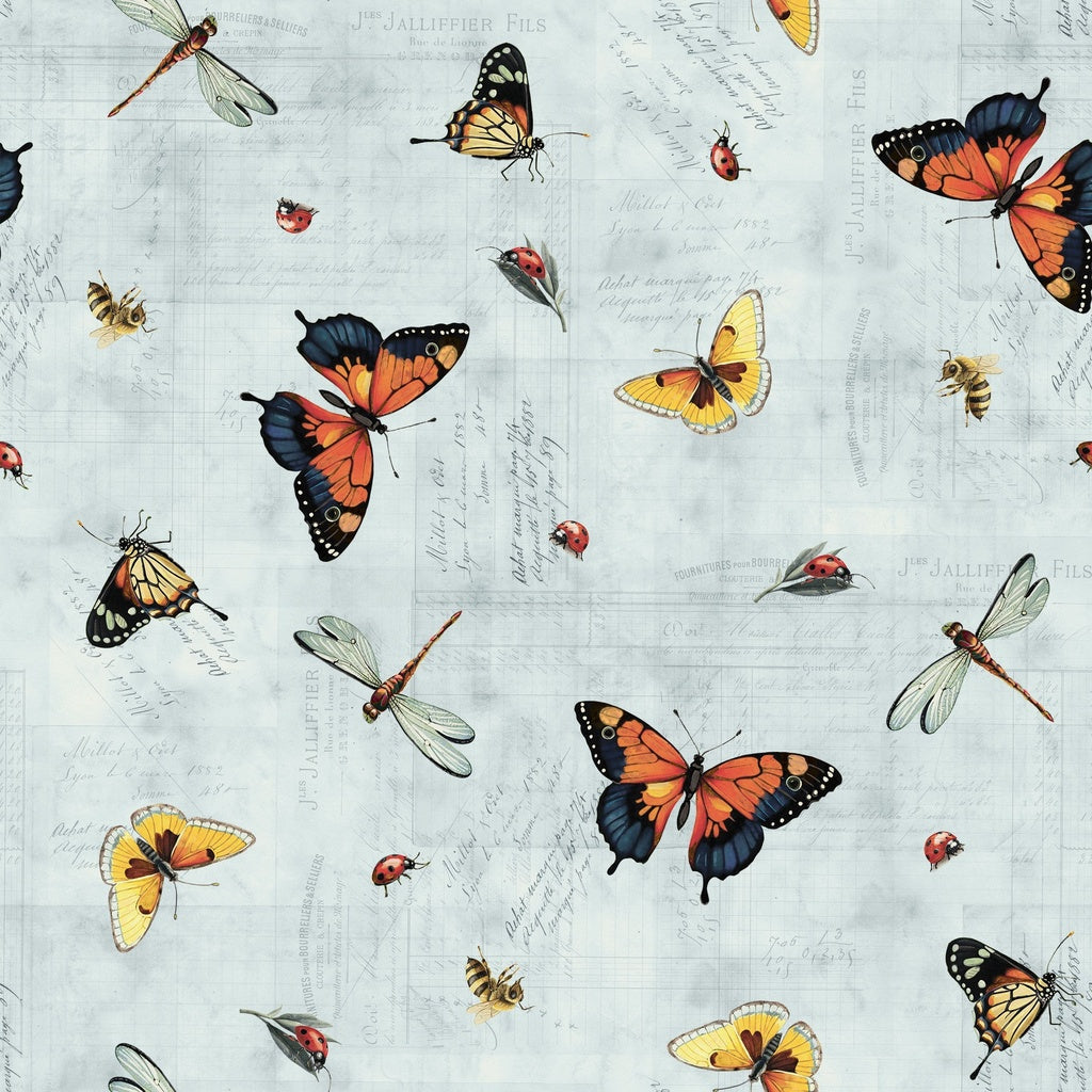Fabric Lumin White Owl Textiles Light Denim Butterflies Beneath the Canopy by the Quarter Yard W150-019-743