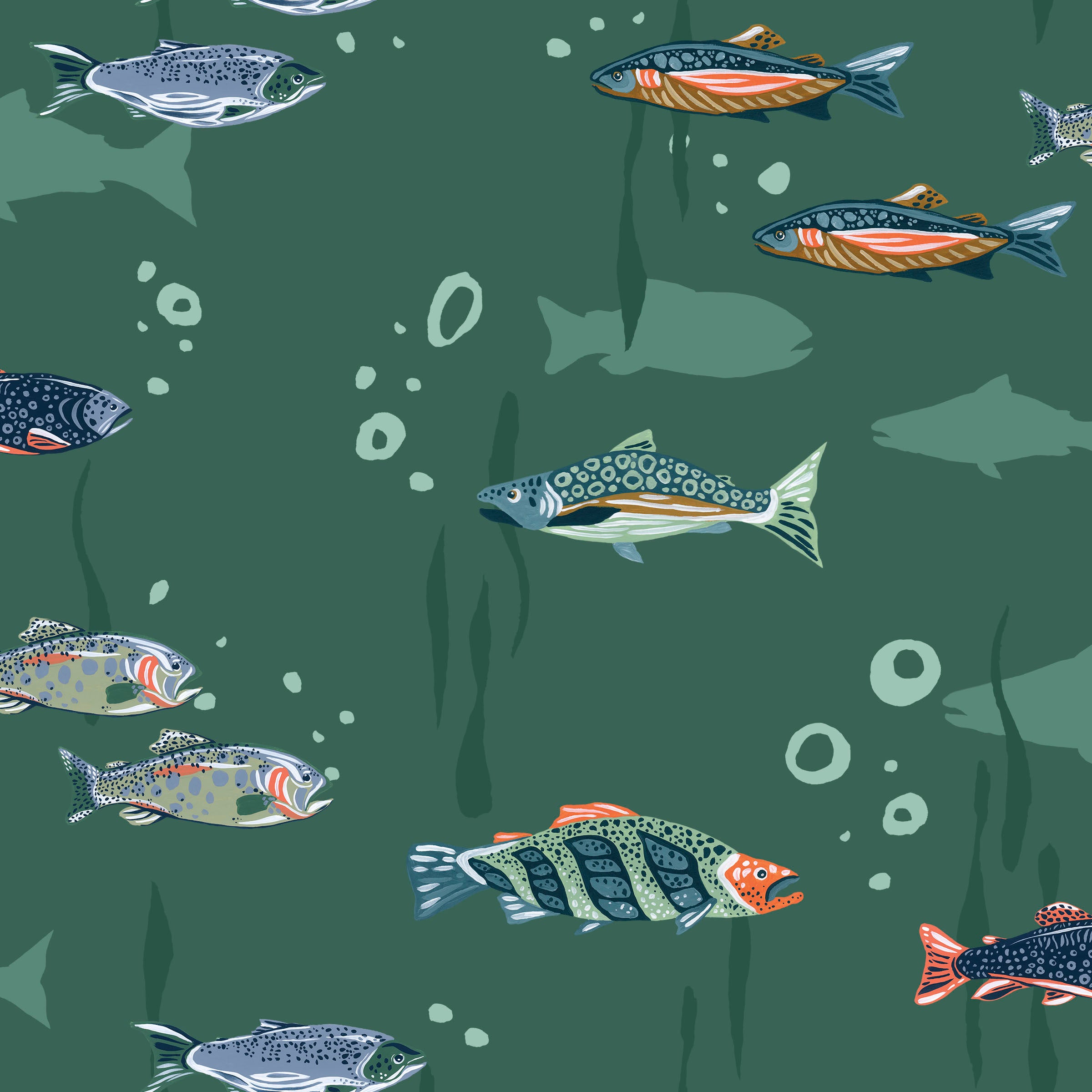 Fabric Lumin White Owl Textiles Green Fish Wilderness Retreat by the Quarter Yard W180-003-874