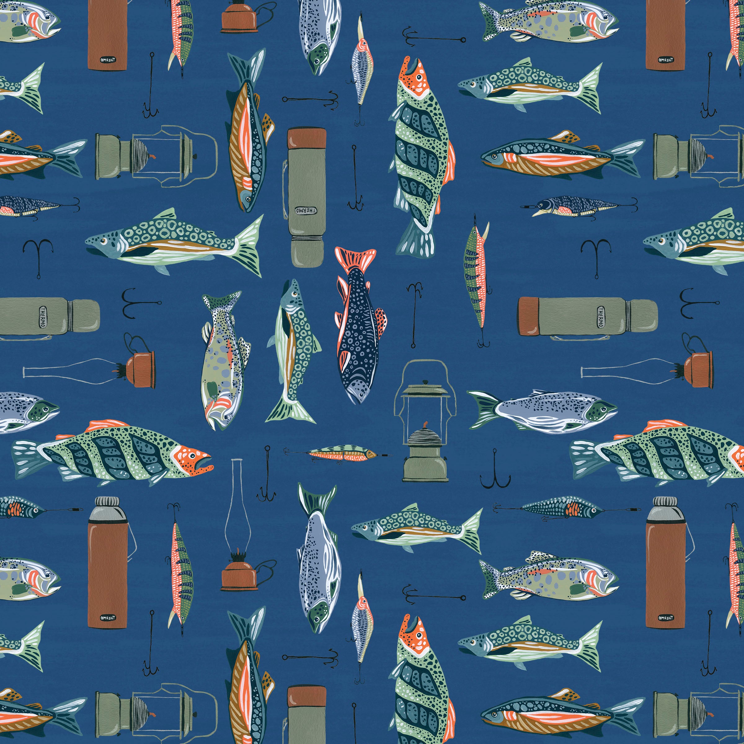 Fabric Lumin White Owl Textiles Blue Fish on Grid Wilderness Retreat by the Quarter Yard W180-004-784