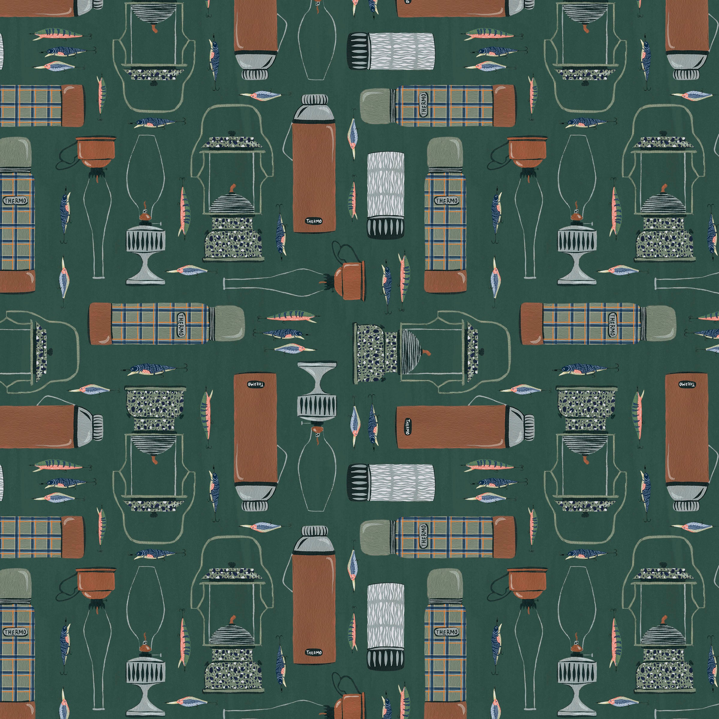 Fabric Lumin White Owl Textiles Green Lanterns & Lures Wilderness Retreat by the Quarter Yard W180-005-829