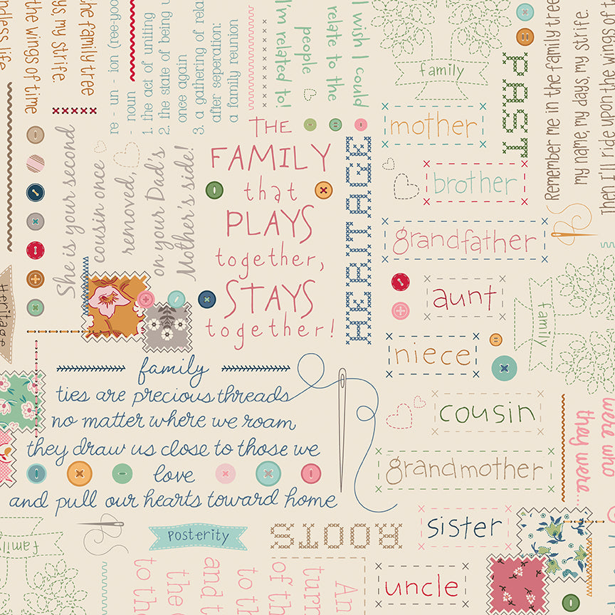 Fabric Riley Blake Linen Stitched Families Family Reunion 108" Wide Back by the Quarter Yard WB18417-LINEN
