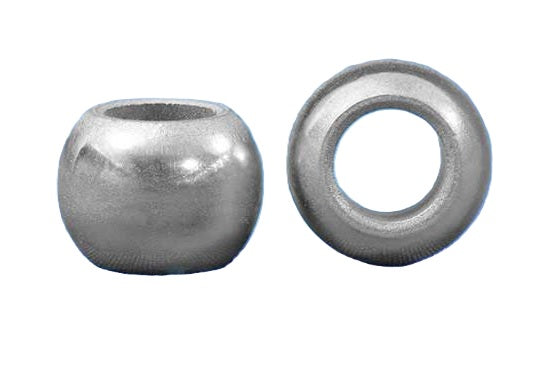 Two metallic cylindrical beads or spacers, one showing a rounded front view and the other a flat circular side view, on a plain white background.