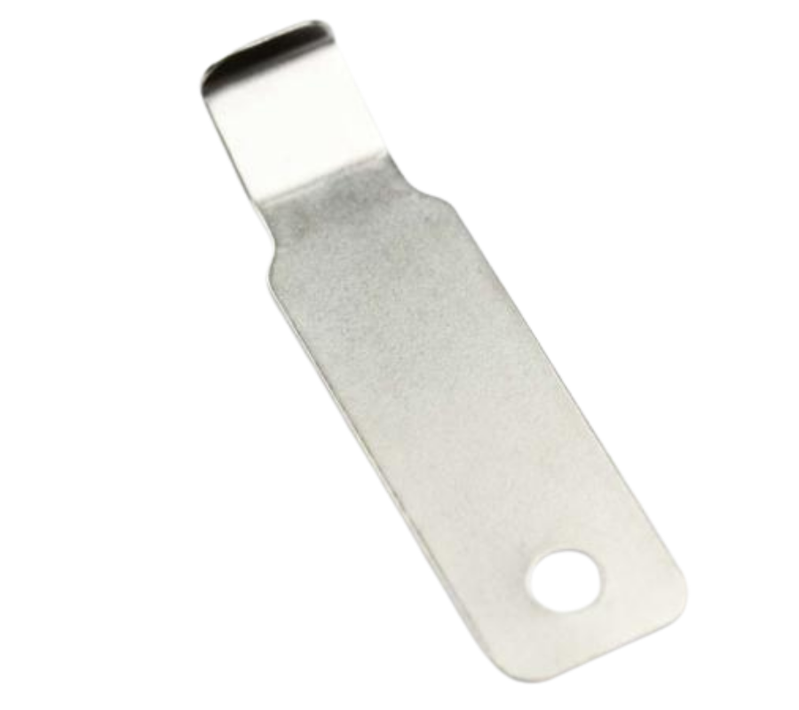A small flat metal tool or clip with a rectangular blade and a circular hole near one end, shown on a plain white background.
