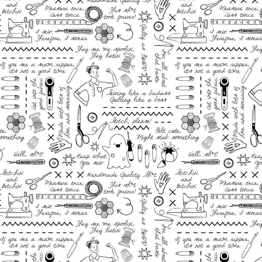Fabric Dear Stella White Sweary Stitching Quilty Helpurrs 108" Wide Back by the Quarter Yard DPJ3098-WHITE