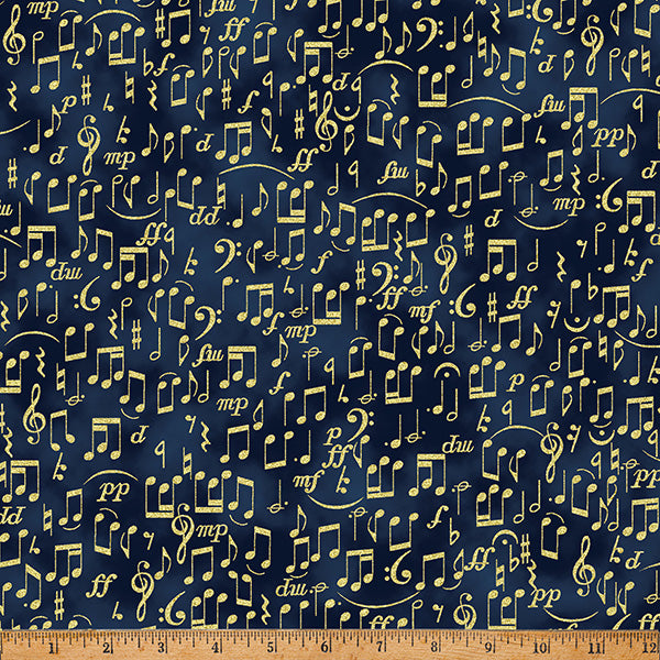 Fabric Hoffman Navy/Gold Music Notes Metallic In a Pear Tree by the Quarter Yard Y7813-19G