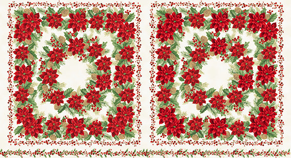 Fabric Hoffman Natural/Gold Christmas Wish Double Poinsettia Metallic Panel Y7825-20G
