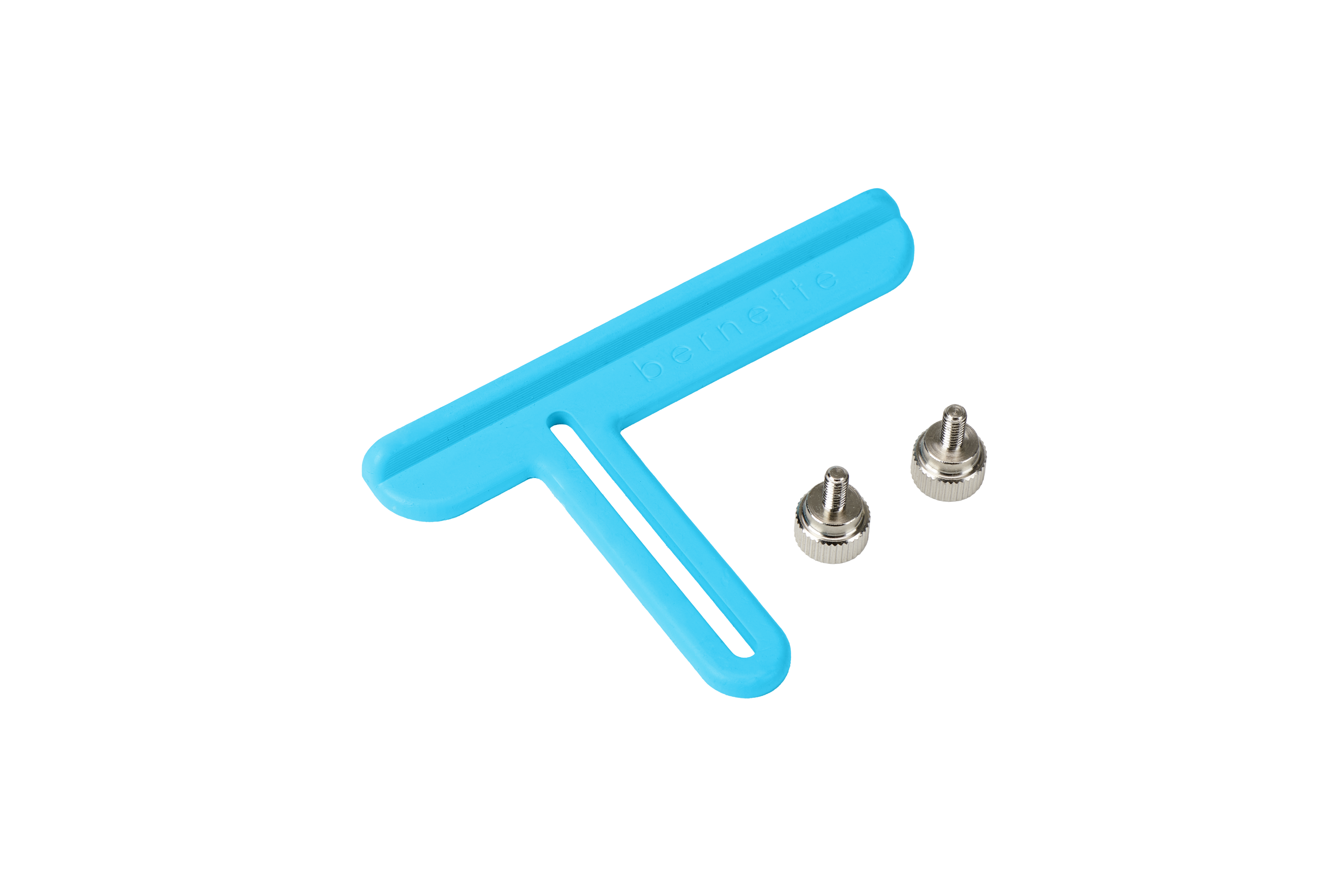 A bright blue T-shaped plastic tool with two small silver metal screws, shown on a plain white background.