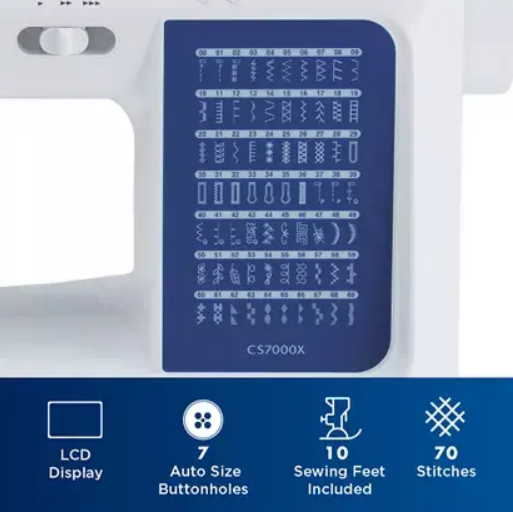 image detailing the brother cs7000x computerized sewing and quilting machine screen as well as features such as lcd display 7 auto size button holes 10 included sewing feet and 70 stitches