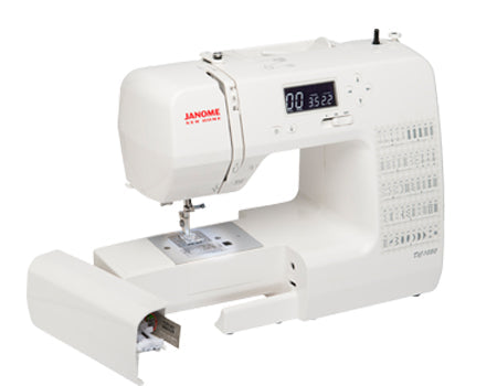 angled image of the Janome DC1050 Sewing Machine with storage open