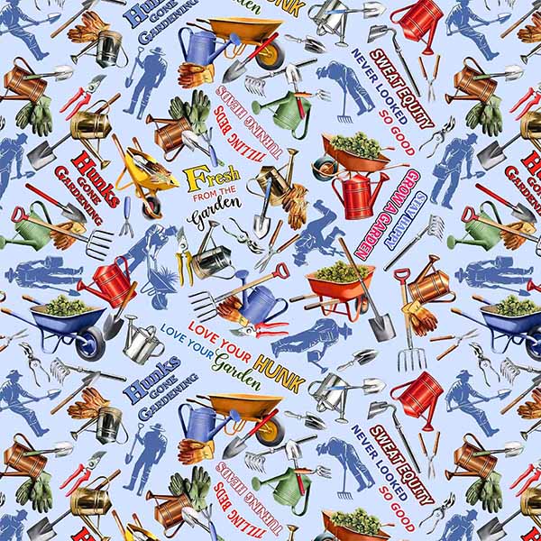 Fabric Michael Miller Blue Love Your Garden Hunks Gone Gardening by the Quarter Yard DCX13114-BLUE