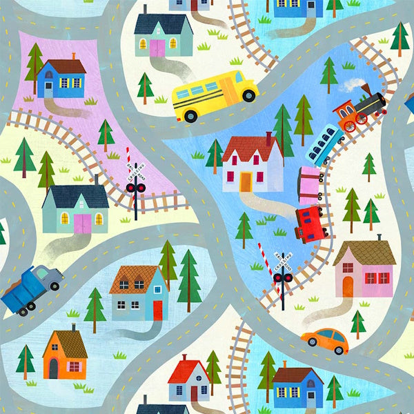 Fabric Michael Miller Multi Toot-Toot Town Little Locomotives by the Quarter Yard DDC12872-MULT