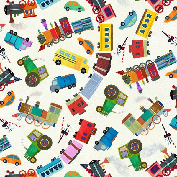 Fabric Michael Miller Cream Rolling Through the Hills Little Locomotives by the Quarter Yard DDC12873-CREM