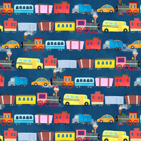 Fabric Michael Miller Water Transit Trail Little Locomotives by the Quarter Yard DDC12874-WATR