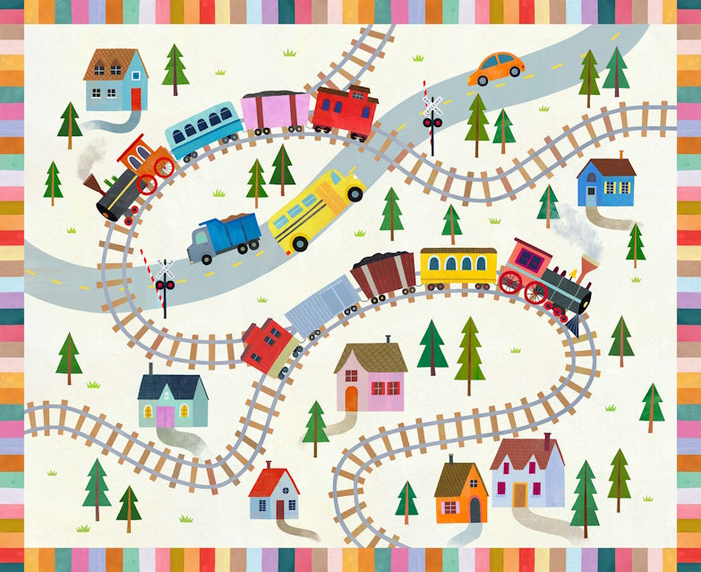 Fabric Michael Miller Cream Railway Parade Little Locomotives 36" Quilt Panel DDC12880-CREM