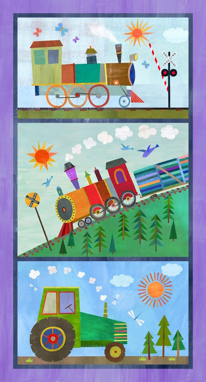 Fabric Michael Miller Multi Chugga Chugga Track Little Locomotives 24" Quilt Panel DDC12881-MULT