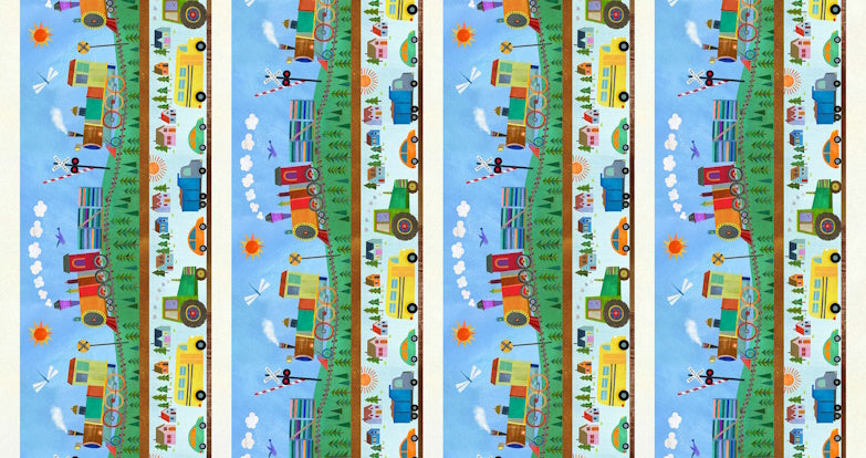 Fabric Michael Miller Multi Steam & Whistle Stripe Little Locomotives by the Quarter Yard DDC12882-MULT