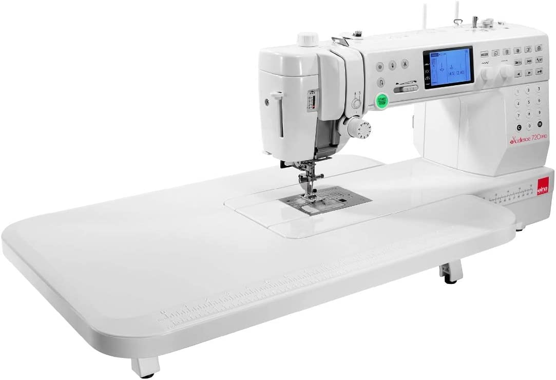 angled image of the elna eXcellence 720 PRO Sewing and Quilting Machine with table