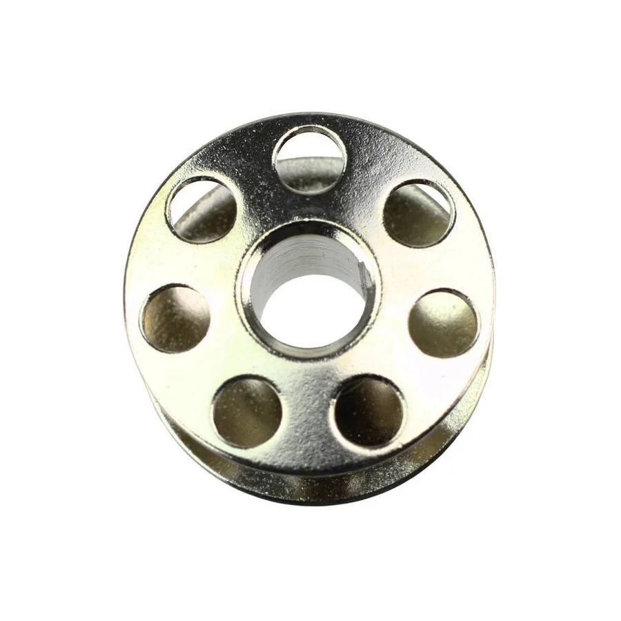 A metallic silver circular metal component with a central hole and six evenly spaced circular cutouts, shown on a plain white background.
