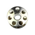 A metallic silver circular metal component with a central hole and six evenly spaced circular cutouts, shown on a plain white background.