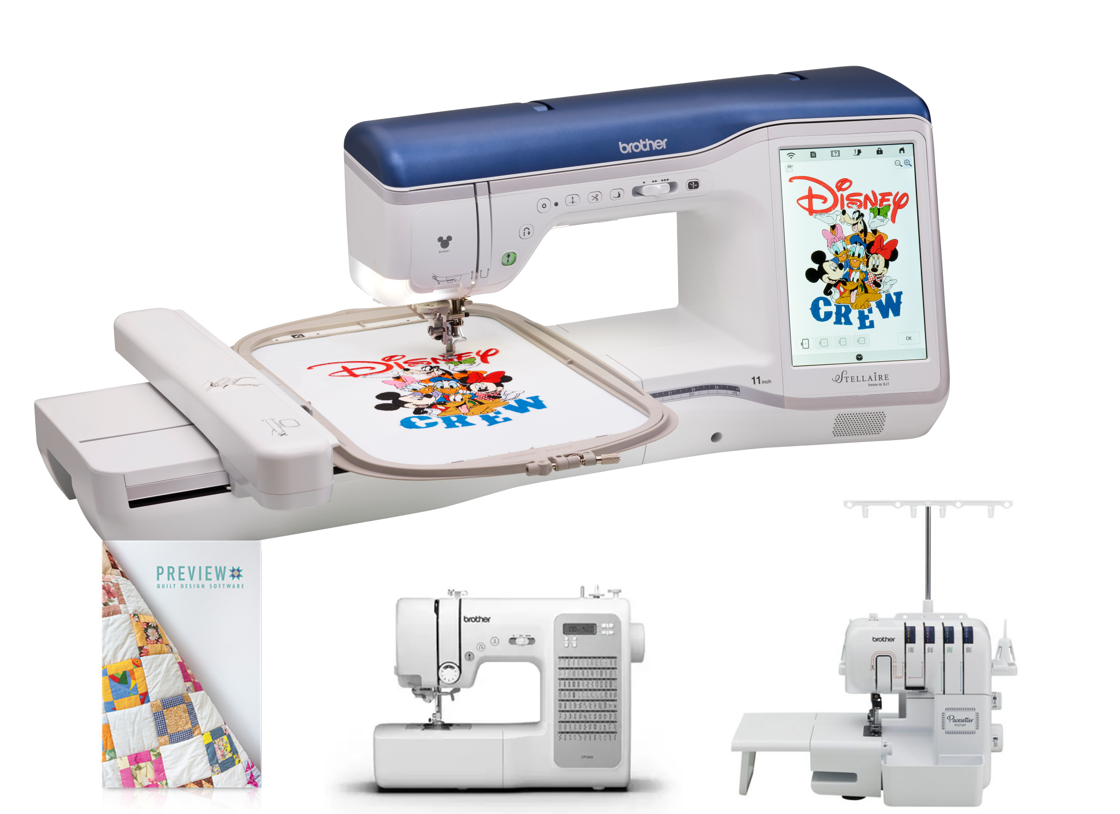 Brother Stellaire Innov-is XJ1 Sewing and Embroidery Machine 14x9.5 + Brother Pacesetter PS3734T Serger Sewing Machine Brother CP100X Sewing and Quilting Machine Brother SAPVQ Preview Quilt Design Software Black Carrying Tote
