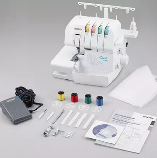 image of the Brother 1634DX Serger Machine with the accessories that it comes with