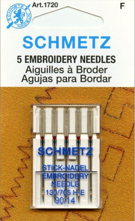 Schmetz 1720 Embroidery Sewing Machine Needles 130/705H-E 15x1 Size 90/14 5 Pack