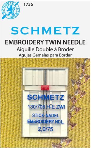 Schmetz 1736 Agujas para máquina de coser de bordado doble 130/705H-E 15x1 Tamaño 2.0/75 Paquete individual
