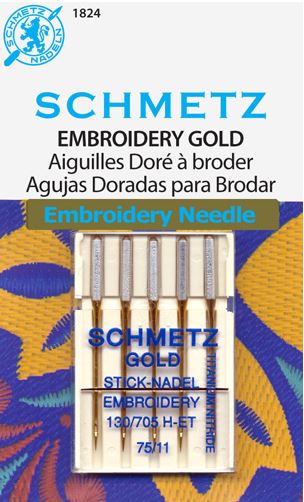 Schmetz 5pk Size 75/11 Titanium Gold Embroidery Sewing Machine Needles 1824 130/705H-ET 15x1