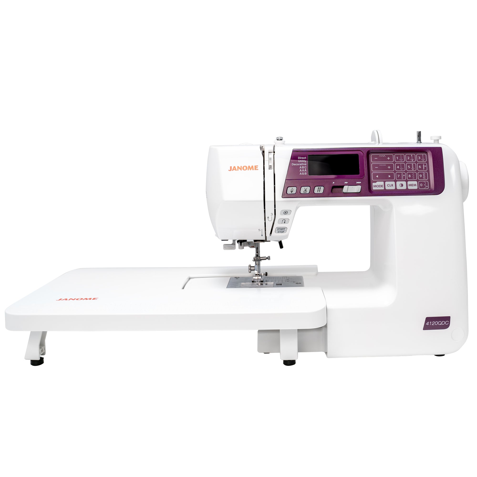 front facing image of the Janome 4120QDC-G Sewing and Quilting Machine with the extension table