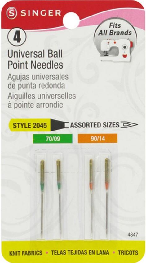 Singer 4847 Universal Ball Point Sewing Machine Needles Sizes 70/9 (2) & 80/11 (2) Style 2045