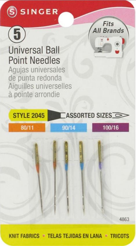 Singer 4863 Universal Ball Point Sewing Machine Needles Sizes 80/11 (2), 90/14 (2) & 100/16 (1) Style 2045