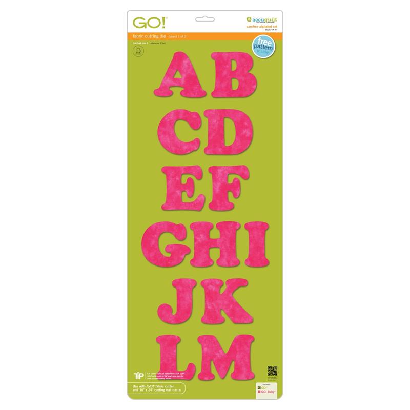 AccuQuilt Go! Die Carefree Alphabet Set (2-Die Set) view of packaging and patches