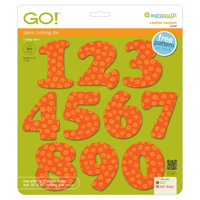AccuQuilt Go! Die Carefree 3" Numbers view of packaging and patterns