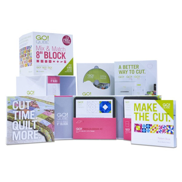 AccuQuilt GO! Qube Mix and Match 8" Block Die Set 55776 view of packaging and product