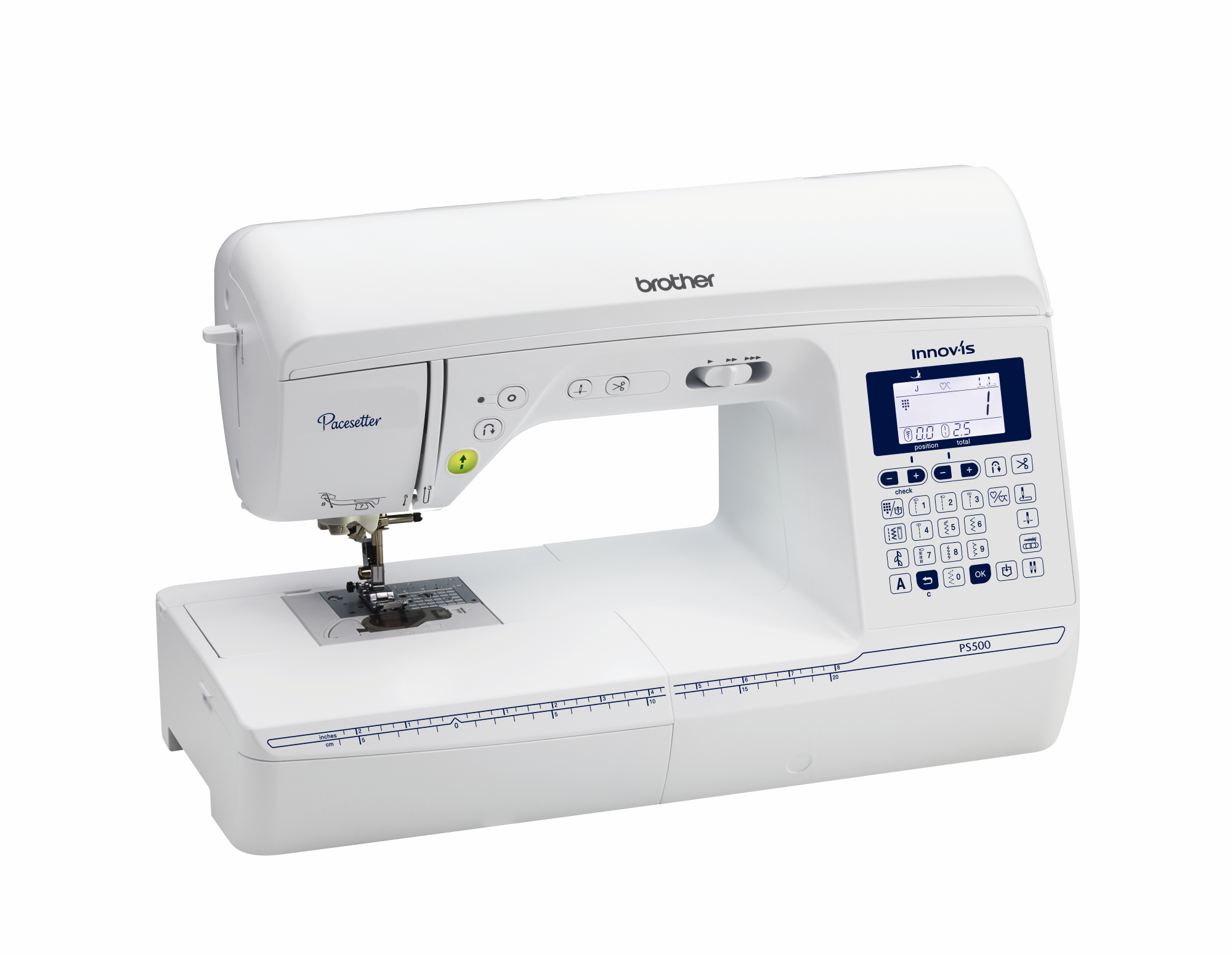 angled image of the Brother Pacesetter PS500 eight point one by four point three sewing machine