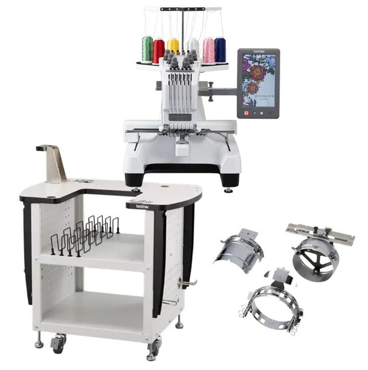 image of the Brother Entrepeneur W PR680W twelve by eight six needle embroidery machine bonus package A that includes a Brother PRNSTD2 Stand for PR680W and a Brother PRCF3 Advanced 60 mm Cap Hoop Frame, Jig and Driver Set for PR680W