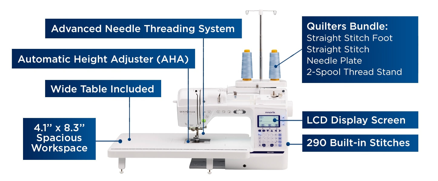 A Brother Innov-is BQ1350 sewing and quilting machine with a white body, digital display, and various sewing feet attached.