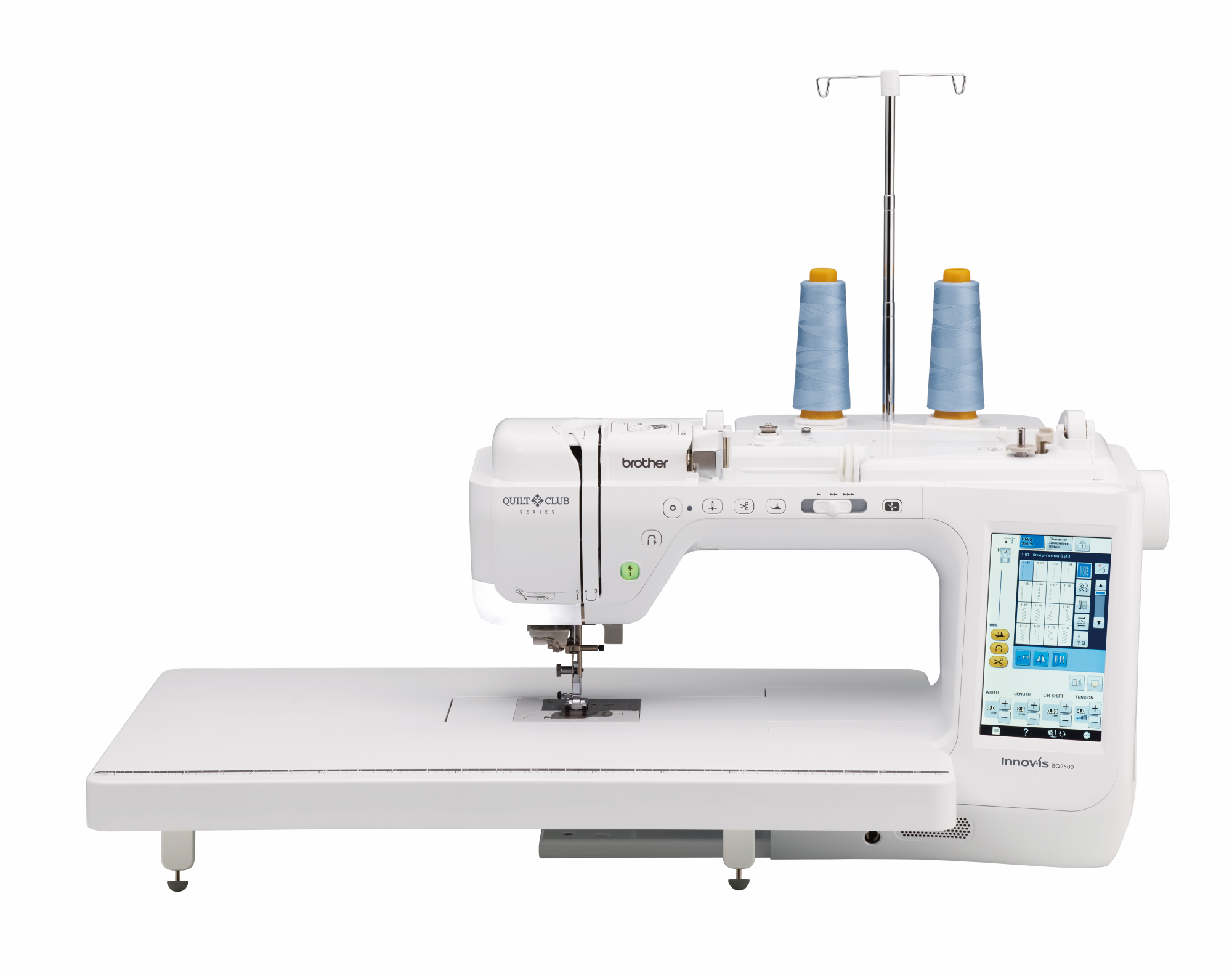 A Brother Innov-is BQ2500 sewing and quilting machine with a white exterior, a digital display, and extension table.