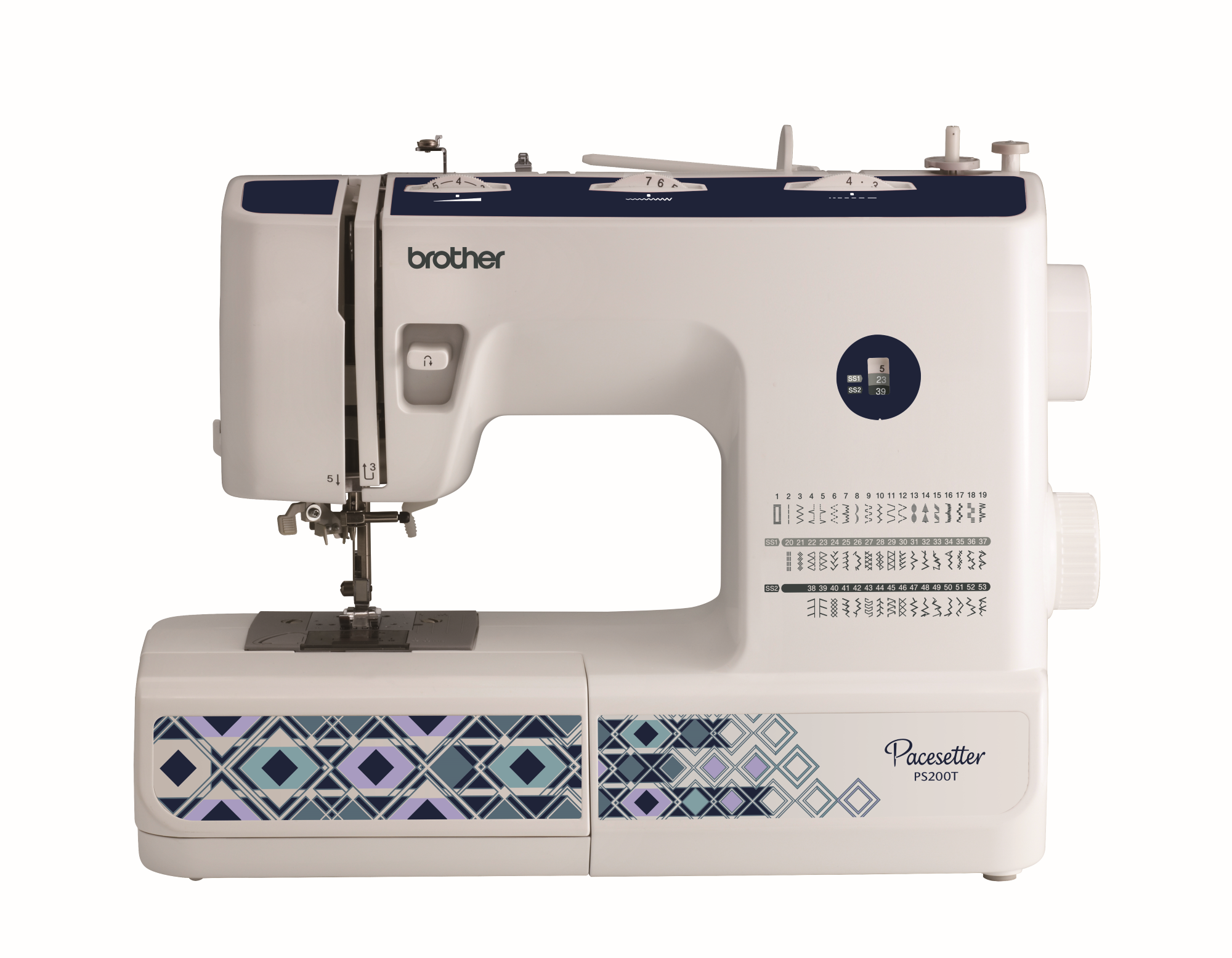 Brother sewing machine with geometric pattern on a white background