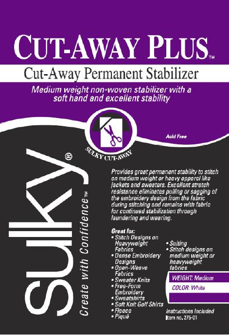 Sulky Cut-Away PLUS - Estabilizador no tejido permanente de peso medio - 7 2/3" x 9 yardas.