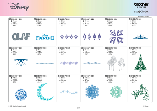 image of some of the designs included in the Brother CADXDSNP11 ScanNCut Disney Frozen 2 Design Collection